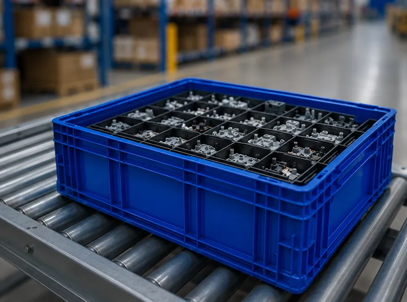 A blue plastic crate of components on a roller conveyor.