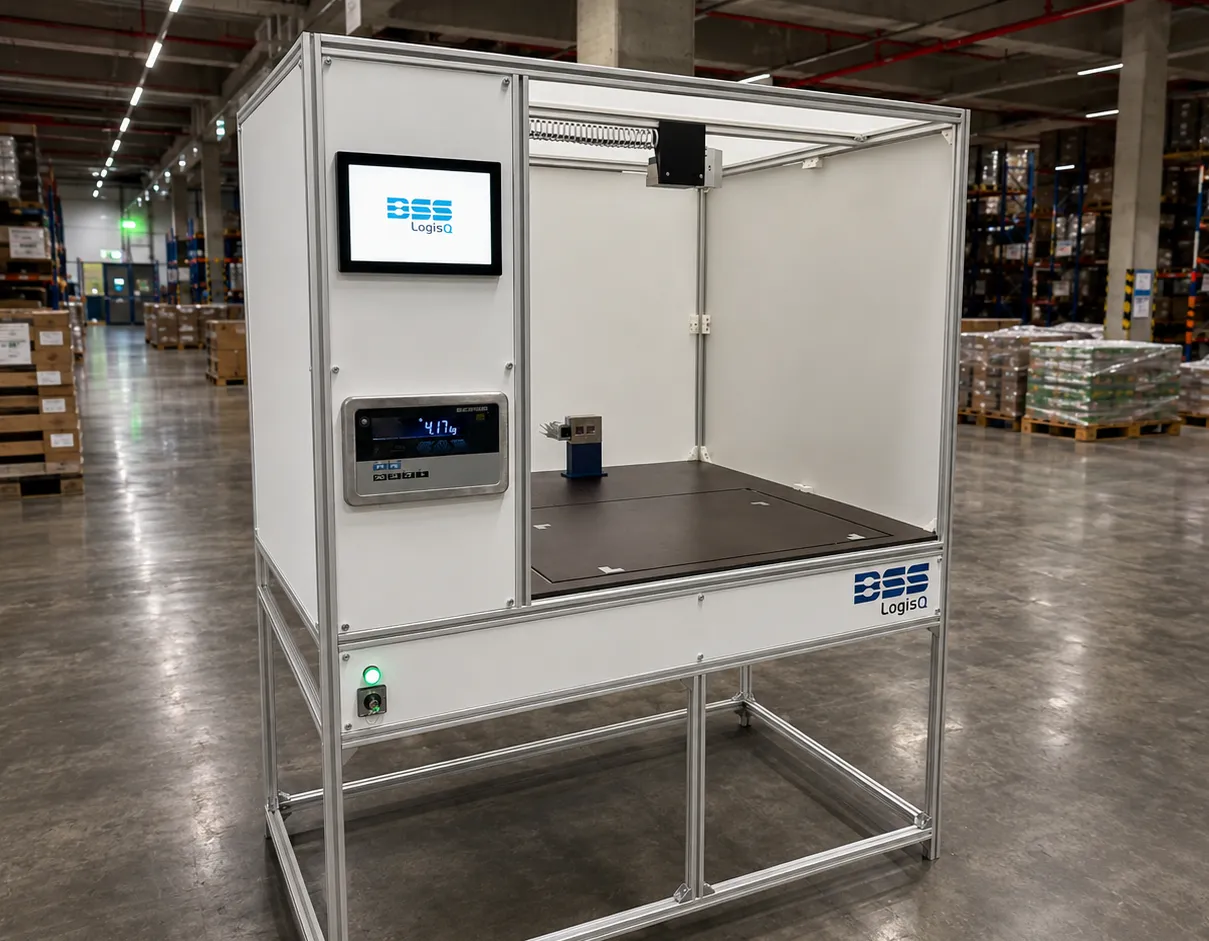 A Kolli-Scanner measuring station on the floor of a distribution warehouse.