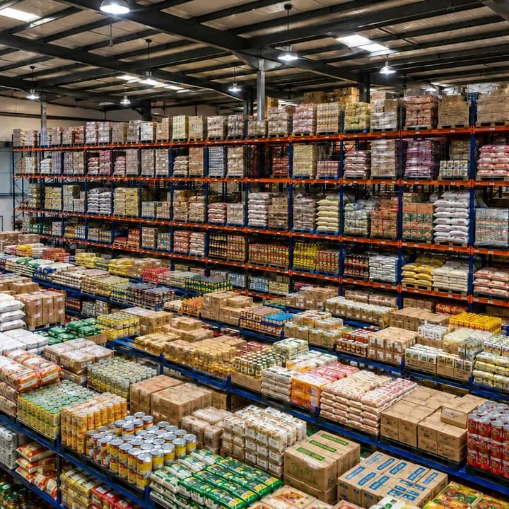 Stacked produce crates along a warehouse aisle.